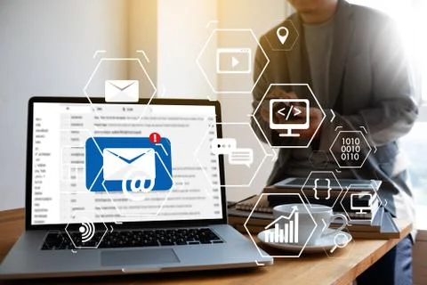 Man using  tablet computer  virtual interface graphic icons network diagram D Stock Photos