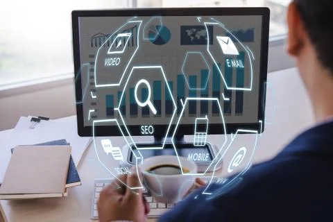 Man using  tablet computer  virtual interface graphic icons network diagram D 写真素材