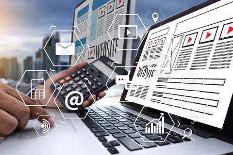 Man using  tablet computer  virtual interface graphic icons network diagram D Foto stock