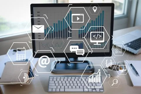 Man using  tablet computer  virtual interface graphic icons network diagram D Stock Photos