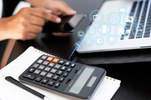 Man using  tablet computer  virtual interface graphic icons network diagram D Stock Photos