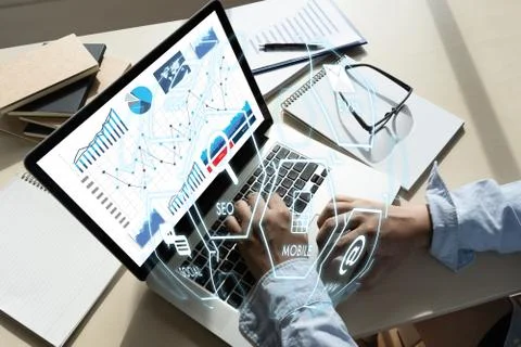 Man using  tablet computer  virtual interface graphic icons network diagram D Stock Photos