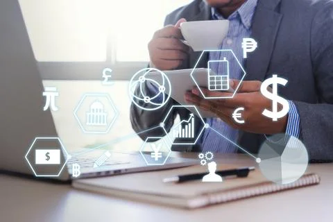 Man using  tablet computer  virtual interface graphic icons network diagram D 스톡 사진