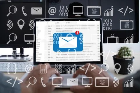 Man using  tablet computer  virtual interface graphic icons network diagram D Stock Photos
