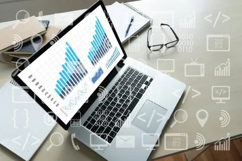 Man using  tablet computer  virtual interface graphic icons network diagram D Stock Photos