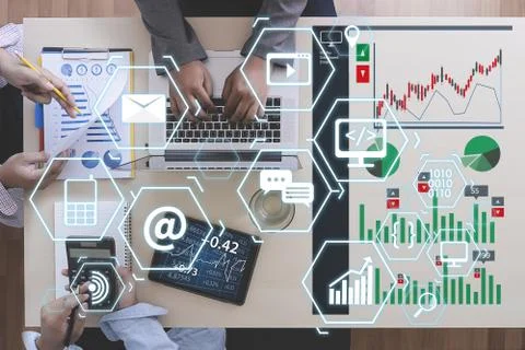 Man using  tablet computer  virtual interface graphic icons network diagram D 写真素材