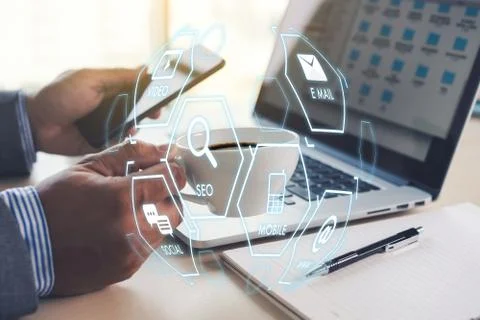 Man using  tablet computer  virtual interface graphic icons network diagram D 스톡 사진