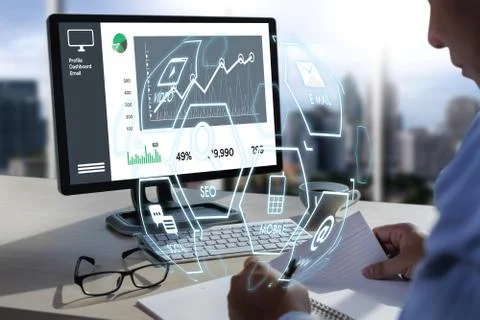 Man using  tablet computer  virtual interface graphic icons network diagram D Stock Photos