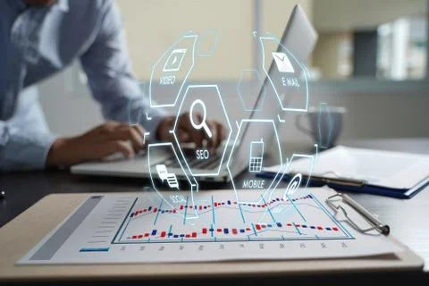 Man using  tablet computer  virtual interface graphic icons network diagram D Stock Photos