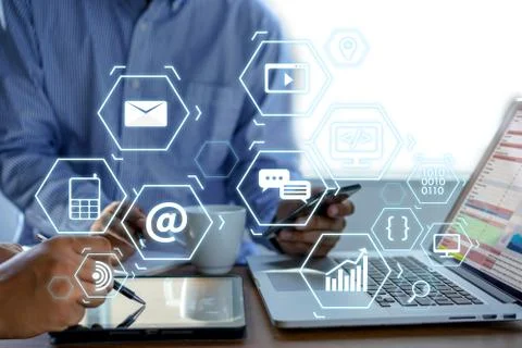 Man using  tablet computer  virtual interface graphic icons network diagram D 스톡 사진