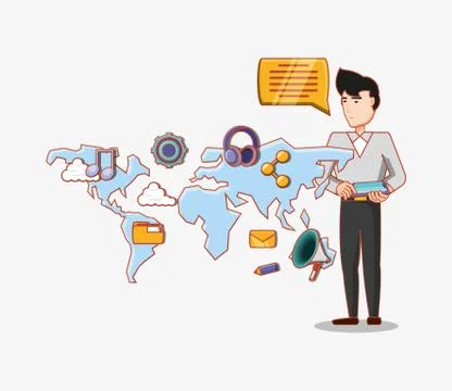 Man using tablet computer world communication social media Stock Illustration