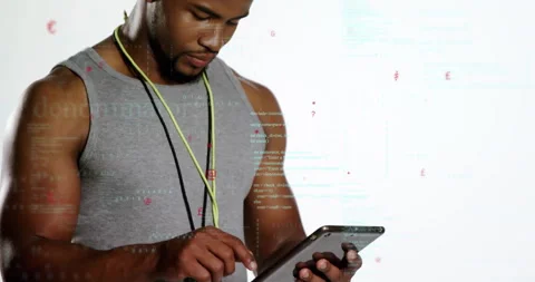 Man using tablet with digital data and coding animation overlay Stock Footage 303942019