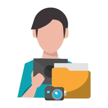 Man using tablet with documents and camera Illustrazione stock