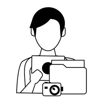 Man using tablet with documents and camera Stock Illustration