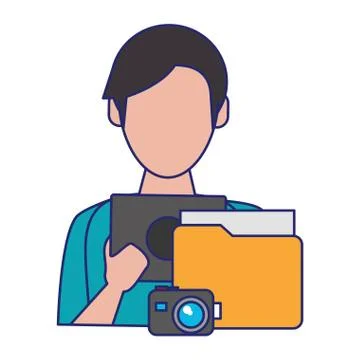 Man using tablet with documents and camera blue lines Illustrazione stock