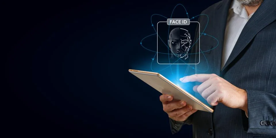 Man using tablet with face id scan and modern technology. Login using Face id Foto stock