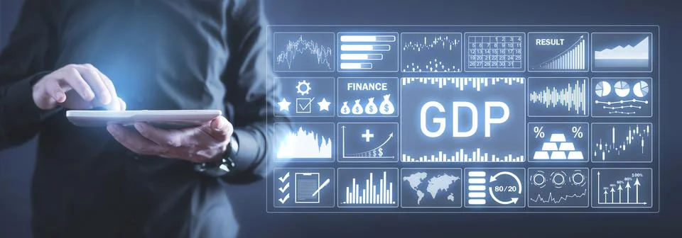 Man using tablet. Gdp-Gross Domestic Product. Business concept Stock Photos