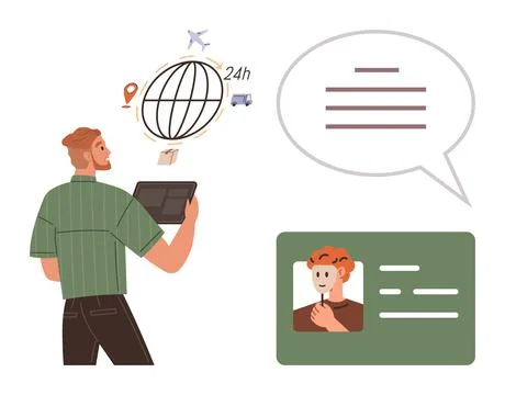 Man using tablet for logistics planning with global delivery icons and Stock Illustration