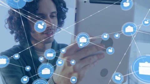 Man using tablet, mail icon over cup sparking blue network covering face and Video stock 331615344