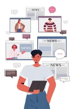 Man using tablet pc discussing daily news with friends during video call chat Illustrazione stock
