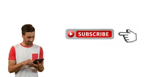 Man using tablet pointing at subscribe button, engaging with digital content Stock Photos