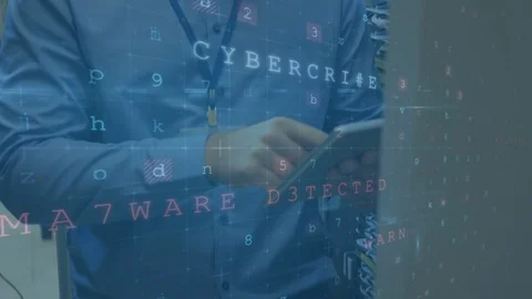 Man using tablet in a server room while security messages move in the foreground 스톡 동영상 112912275