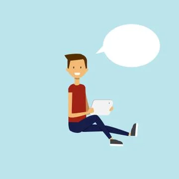 Man using tablet sitting chat bubble character full length over blue background Stock Illustration