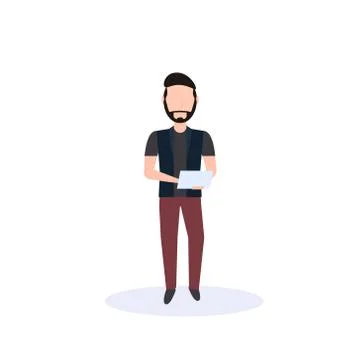 Man using tablet standing pose isolated faceless silhouette male cartoon Stock Illustration