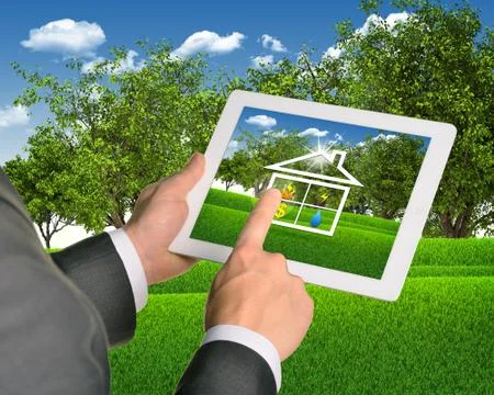 Man using tablet with symbols of public service and house Illustrazione stock