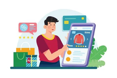 Man using tags promotion for shopping online on mobile commerce. Stock Illustration