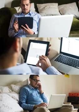 Man using technological devices at home Stock Photos