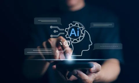 Man using technology smart robot AI, Ai technology, Artificial Intelligence. Stock Photos