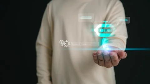 Man using technology smart robot AI, Artificial Intelligence, Chatbot, Chat.. Stock Photos