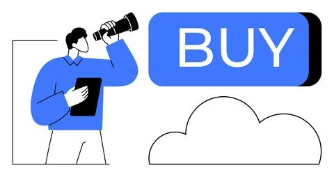 Man Using Telescope to Make Purchase Decision by Viewing Large Buy Button i.. Stock Illustration