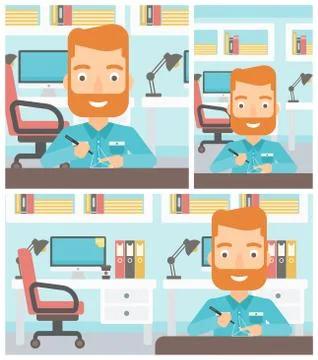 Man using three D pen vector illustration 스톡 일러스트