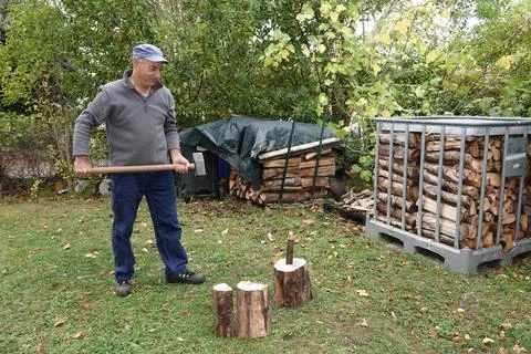 A man is using a tool to split wood near a pile of logs in a garden area Stock Photos
