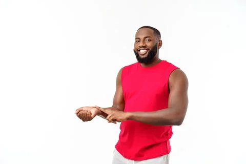 Man using touching on hand, checking heart rate after workout outdoors, copy 写真素材