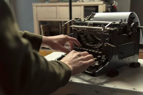Man Using Typing Retro Typewriter Machine Work Writer Stock Photos