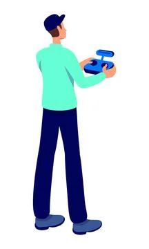 Man using using remote control for drone semi flat color vector character Stock Illustration