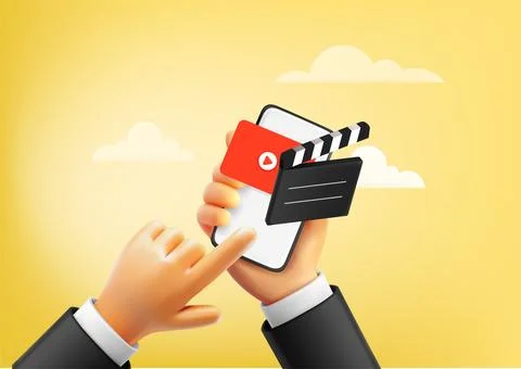 Man using video application on modern smartphone. 3d illustration Illustrazione stock
