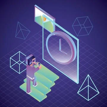 Man using virtaul reality glasses screen clock Stock Illustration