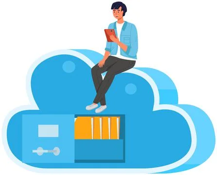 Man using virtual cloud storage. Program for saving information and personal Stock Illustration