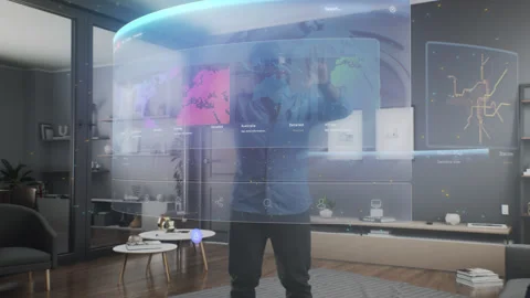 Man using virtual interface with world m... | Stock Video | Pond5