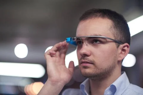  man using virtual reality gadget computer glasses young man using virtual... Stock-Fotos