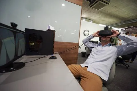  man using virtual reality gadget computer glasses young man using virtual... 写真素材
