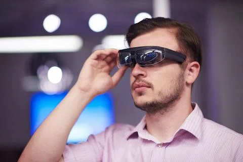  man using virtual reality gadget computer glasses young man using virtual... Foto stock