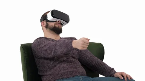 Man using virtual reality glasses. Hipster guy falling asleep in VR gadget while Stock Footage 121197598