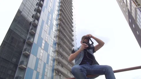 Man using virtual reality headset at office 4k Stock Footage 74129864