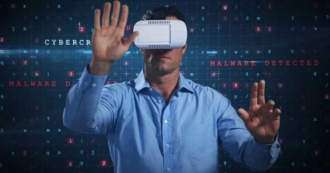 Man using virtual reality headset and futuristic screen Stock Footage