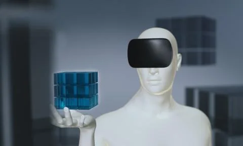 Man using virtual reality headset holding 3D object in hand Stock Illustration
